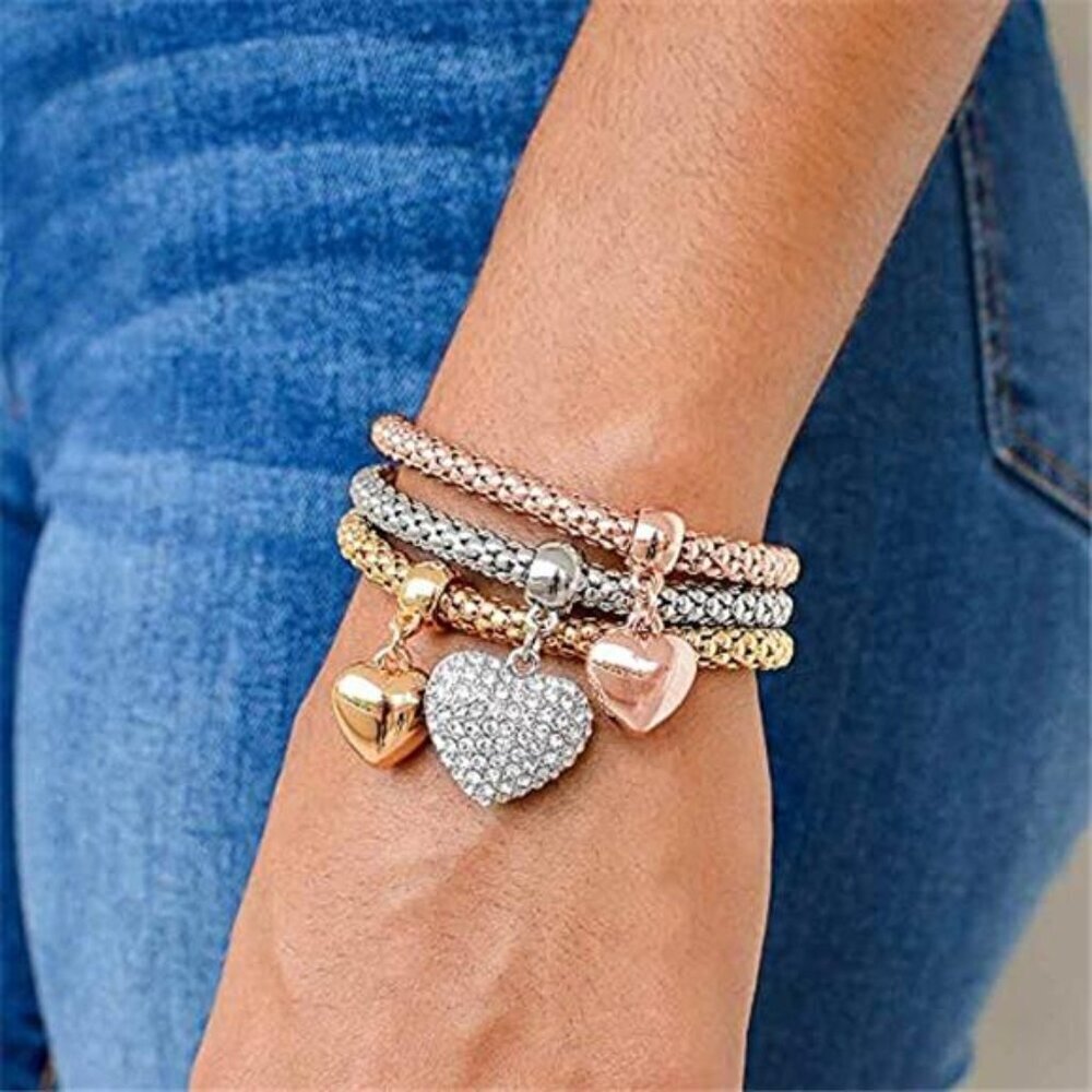 Heart Crystal Charms Multilayer Bracelets - 3PCS Gold/Silver/Rose Gold Corn